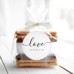Love Modern Calligraphy Wedding Favour Classic Rou Classic Round Sticker<br><div class="desc">Love Favour Sticker with modern calligraphy for Wedding Welcome Bag. Design features a modern style script text layout. To make advanced changes,  please select "Click to customise further" option under Personalise this template.</div>