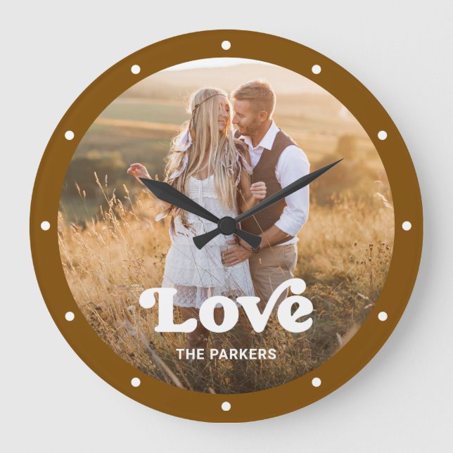 Love | Modern Script with Photo Rustic Brown Large Clock (Front)