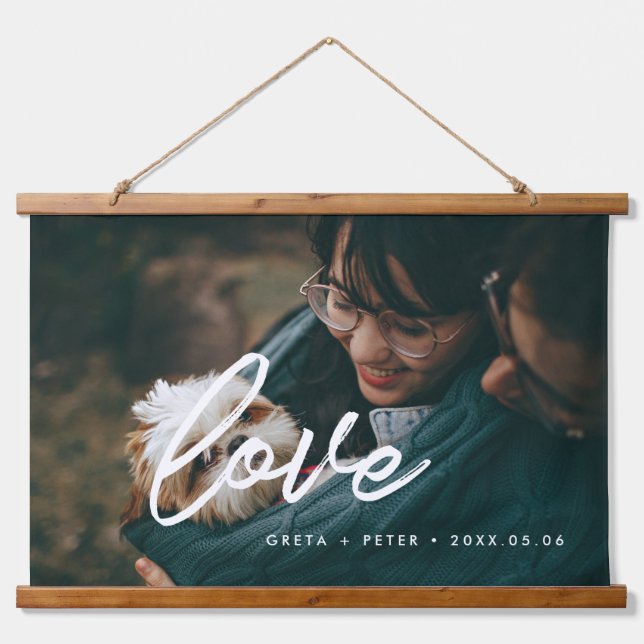 Love modern typography overlay couple photo hanging tapestry (Front)