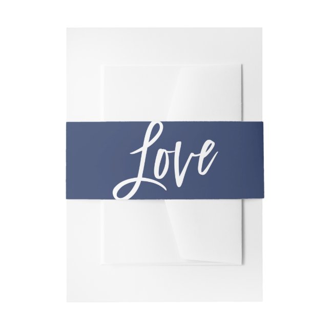 LOVE modern wedding hand lettered navy blue white Invitation Belly Band (Front Example)