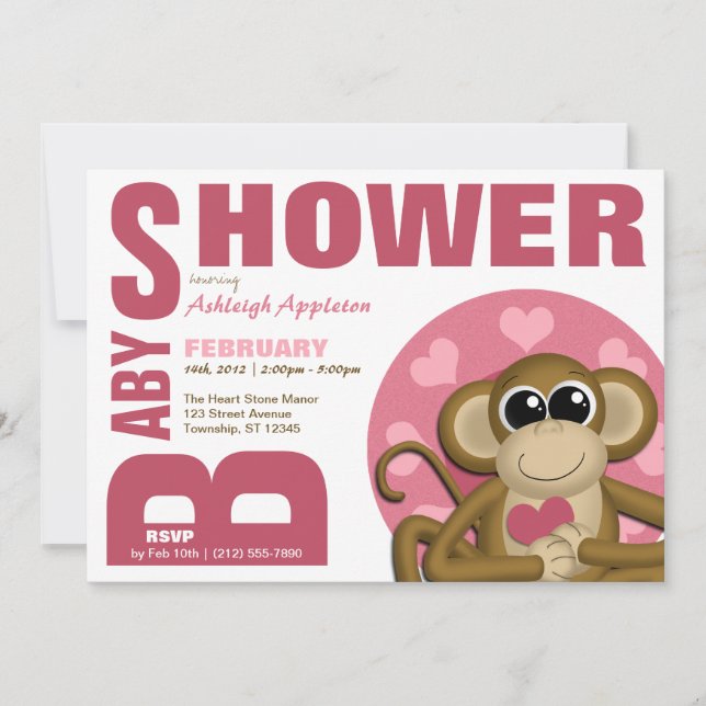Love Monkey - Bold Pink Baby Shower Invitations (Front)
