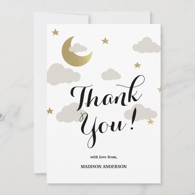 Love Moon and Back Glitter Star Clouds Baby Shower Thank You Card (Front)