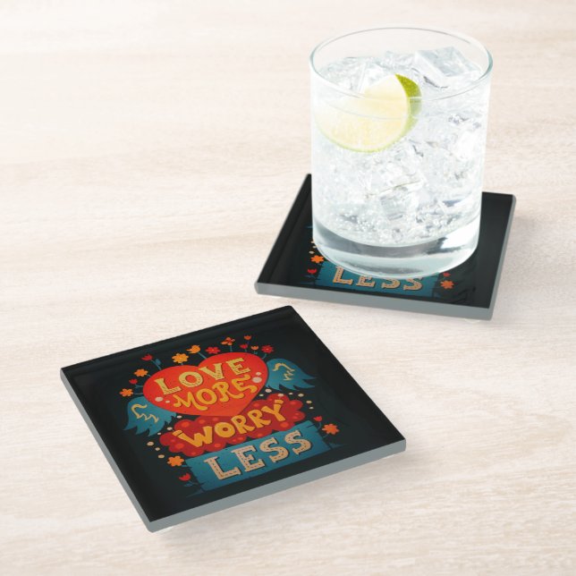 Love More Worry Less Cute Typography Quote Glass Coaster (Angled)