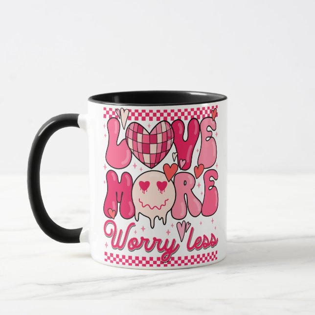 Love More Worry Less Valentine Design • Retro Pink Mug (Left)