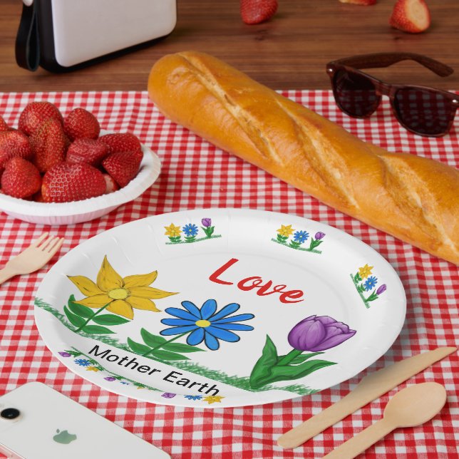 Love Mother Earth Garden Flowers White  Paper Plate (Picnic)