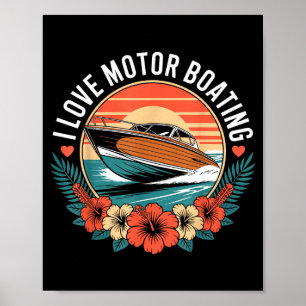Love motor boating vintage sunset speedboat poster
