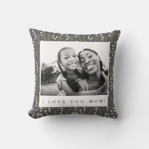 Love Mum Navy Floral Script Photo Throw Pillow