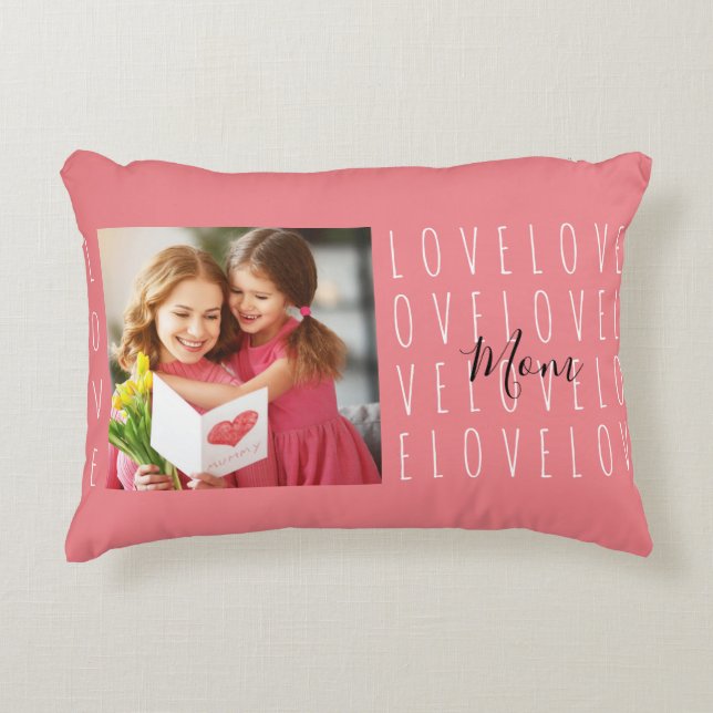 Love Mum Quote Coral Pink Family Photo Decorative Cushion (Front)