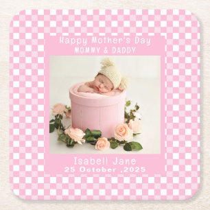 Love Mum Simple Elegant girly White & pink photo Square Paper Coaster