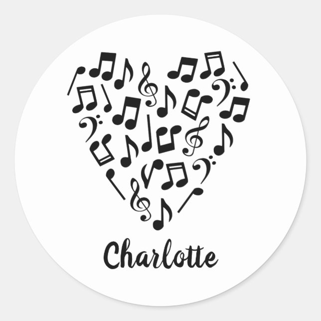 Love Music Heart of Music Notes with Name Classic Round Sticker (Front)