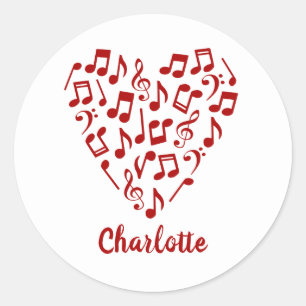 Love Music Heart of Red Music Notes with Name Classic Round Sticker