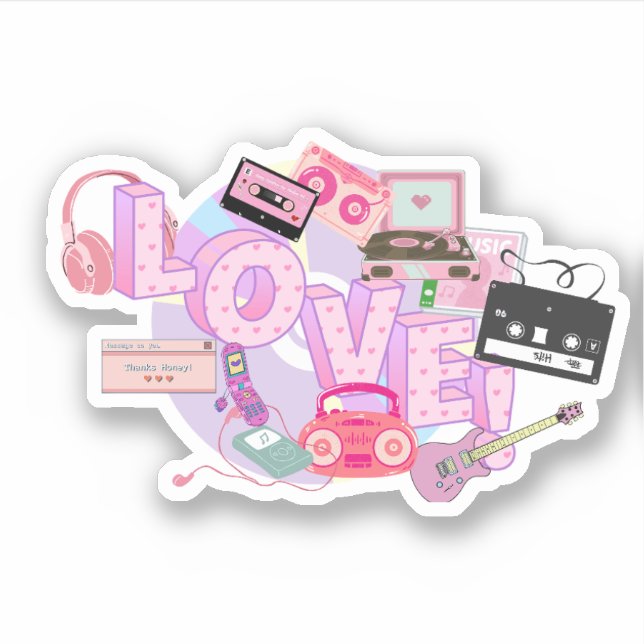 LOVE & MUSIC Y2K Retro Sticker – Pink Pop Vibes (Front)