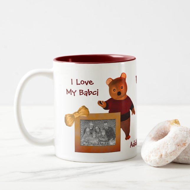 Love My Babci Cute Bear Polish Grandmother  Two-Tone Coffee Mug (With Donut)