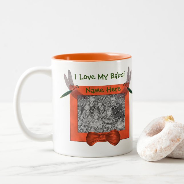Love My Babci Dragonfly Polish Grandmother Two-Tone Coffee Mug (With Donut)