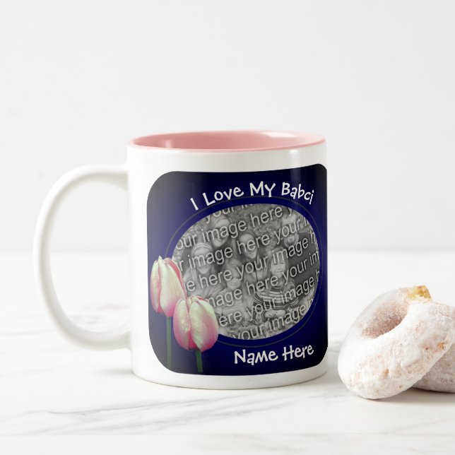 Love My Babci Pink Tulips Polish Grandmother Two-Tone Coffee Mug (With Donut)