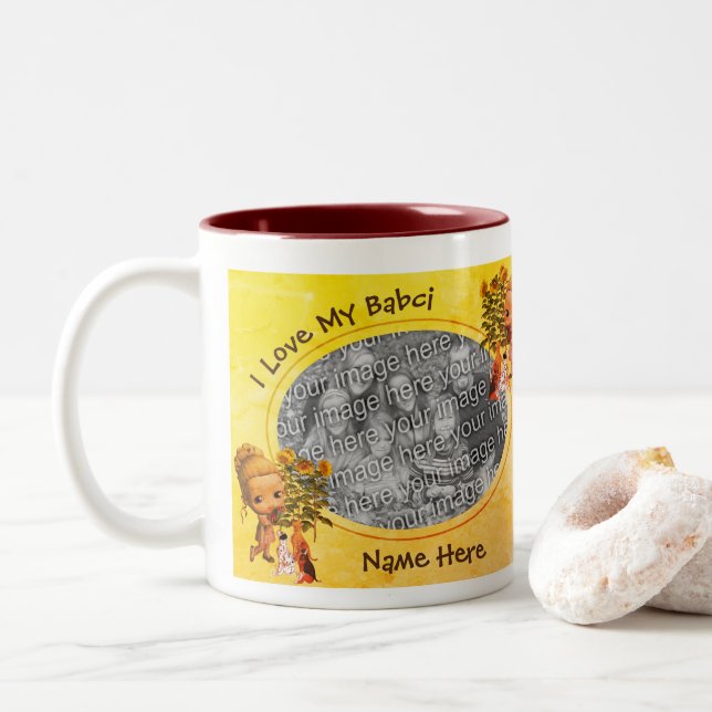 Love My Babci Puppies Polish Grandmother Two-Tone Coffee Mug (With Donut)