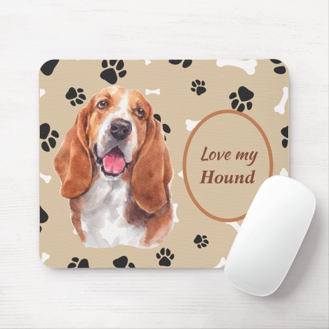 Love My Basset Hound Dog Pawprint Mouse Mat (With Mouse)