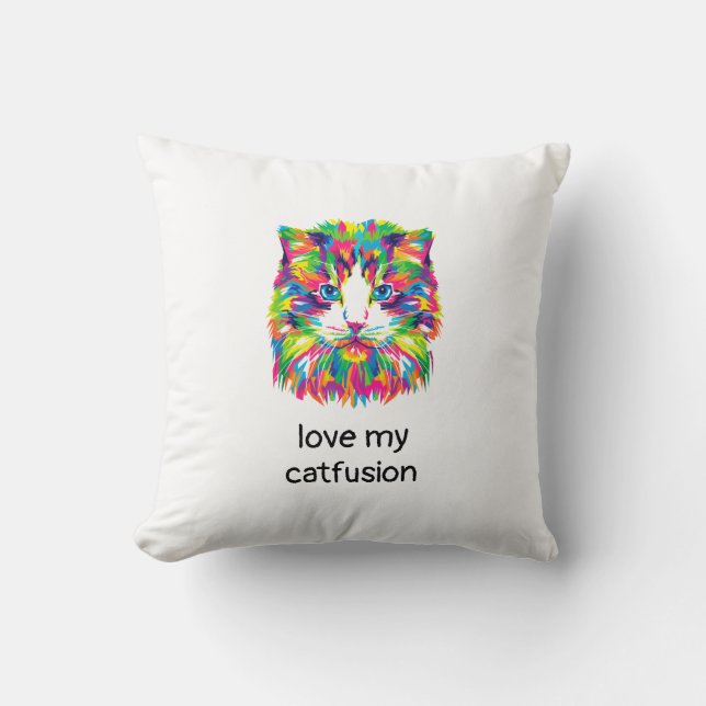 Love My Catfusion Abstract Cat Throw Pillow (Front)