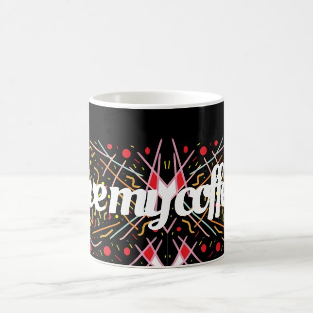 Love my coffee logo on black mixed patterned mug (Center)