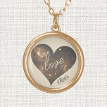 love & name on Cosmos Pattern Heart, Gold Plated Necklace<br><div class="desc">Heart-shaped space photo design with "love" in script, decorates this .75" gold plated necklace charm. The background and word "love" is a pearl colour, name is dark brown, heart is shades of bronze. Change or remove text by using the Template provided. The 18" chain has a lobster-claw clasp closing and...</div>