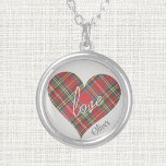 love & Name on Plaid Tartan Heart, Sterling Silver Plated Necklace<br><div class="desc">Heart-shaped Royal Stewart Tartan plaid pattern with "love" in script, decorates this Sterling Silver plated .75" necklace charm. The background and word "love" is a platinum colour. The name is grey and text will be small. Name can be changed or removed by using the Template provided. The 18" chain has...</div>