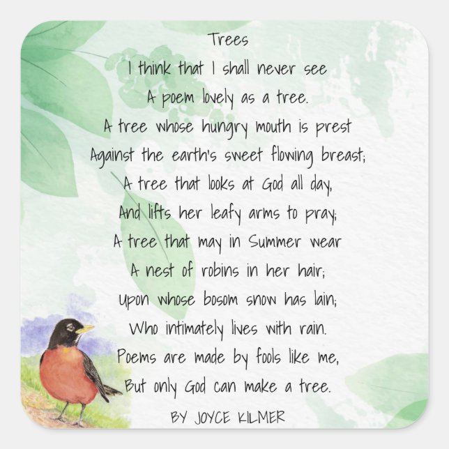 Love Nature Inspirational Poem Trees Kilmer  Square Sticker (Front)