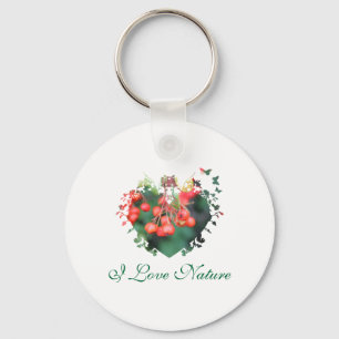 love nature,red berries,green,heart shape frame key ring