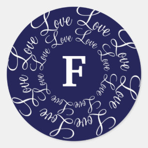 Love Navy Blue White Monogram F-Customise Classic Round Sticker