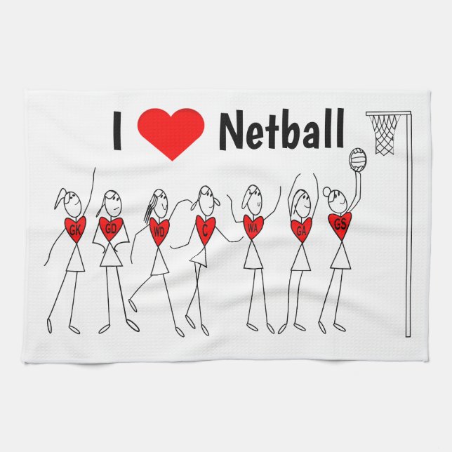 Love Netball Positions Heart Design Tea Towel (Horizontal)