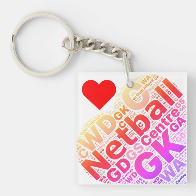 Love Netball Positions Typography Heart Design Key Ring (Front)