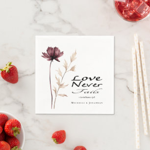 Love Never Fails Bible Burgundy Flower Wedding Napkin