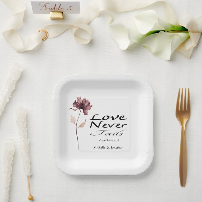 Love Never Fails Bible Burgundy Flower Wedding Paper Plate (Wedding)
