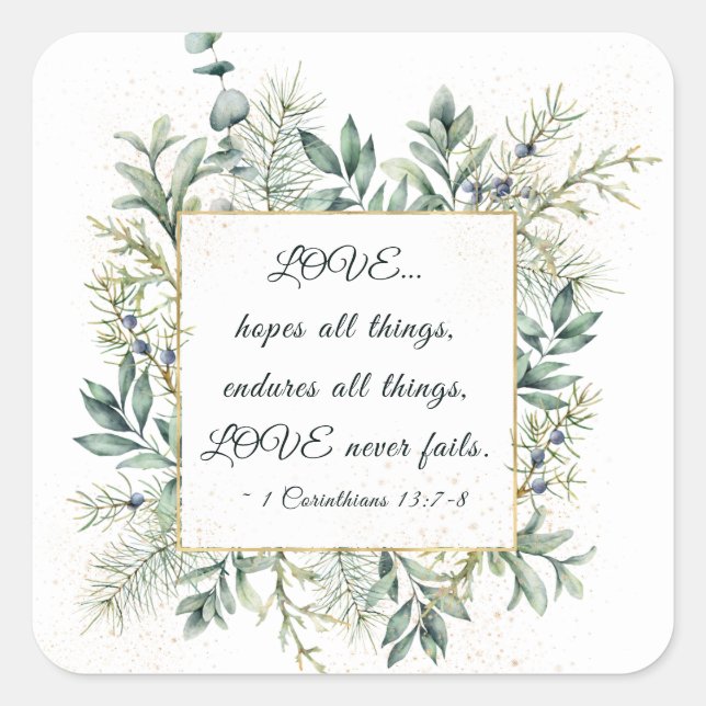 LOVE Never Fails Bible Elegant Greenery Square Sticker (Front)