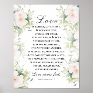 Love Never Fails Bible Verse Elegant White Floral Poster