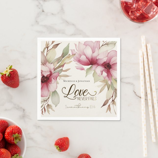 Love Never Fails Bible Verse Pink Floral Wedding Napkin (Insitu)