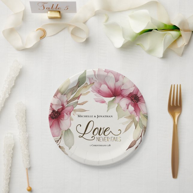 Love Never Fails Bible Verse Pink Floral Wedding Paper Plate (Wedding)