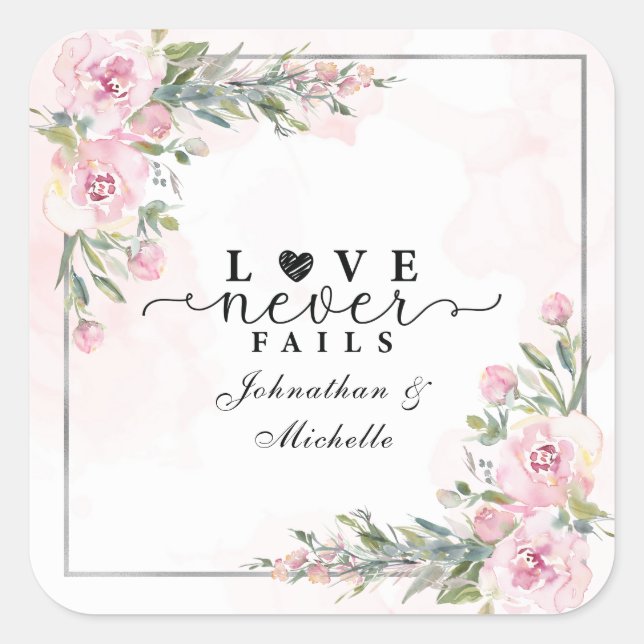 Love Never Fails Bible Verse Pink Flowers Greenery Square Sticker (Front)