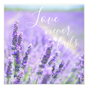 Love Never Fails Bible Verse Quote Lavender Flower Photo Print