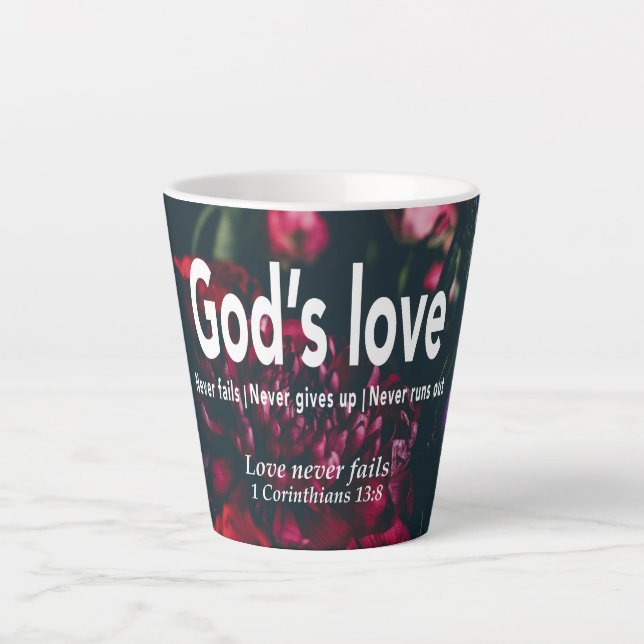 LOVE NEVER FAILS Christian Floral Personalised Latte Mug (Front)
