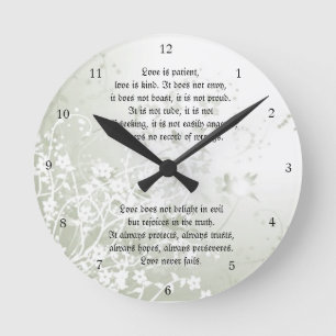 Love Never Fails Christian Scripture White Floral Round Clock