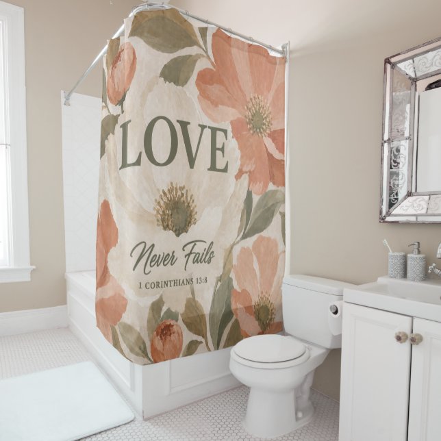 LOVE NEVER FAILS | Christian Wedding Gift Shower Curtain (In Situ)