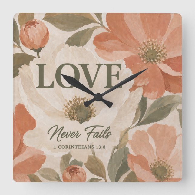LOVE NEVER FAILS | Christian Wedding Gift Square Wall Clock (Front)
