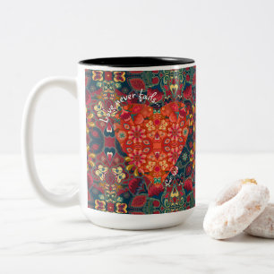 "Love never fails" Colourful Paisley Heart Two-Tone Coffee Mug