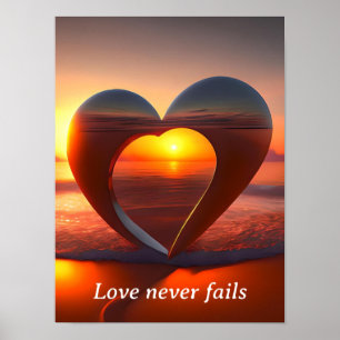 Love Never Fails Heart Beach Sunset Framed Art Poster