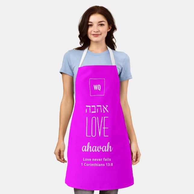 LOVE NEVER FAILS Hot Pink | Ahavah | אהבה Hebrew Apron (Worn)