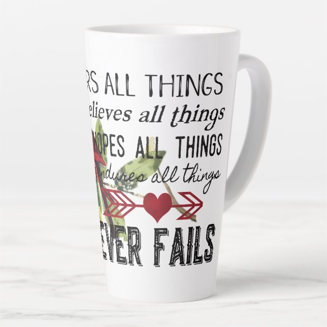 Love Never Fails Latte Mug (Right Angle)