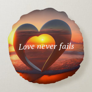 Love Never Fails Round Pillow Heart Beach Sunset
