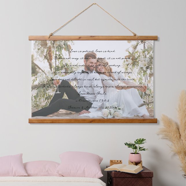 Love Never Fails Script with Image and Names Horiz Hanging Tapestry (Creator Uploaded)