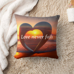 Love Never Fails Throw Pillow Heart Beach Sunset