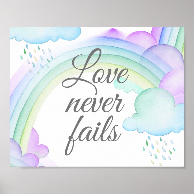 Love Never Fails Watercolor Rainbow Wall Print (Front)